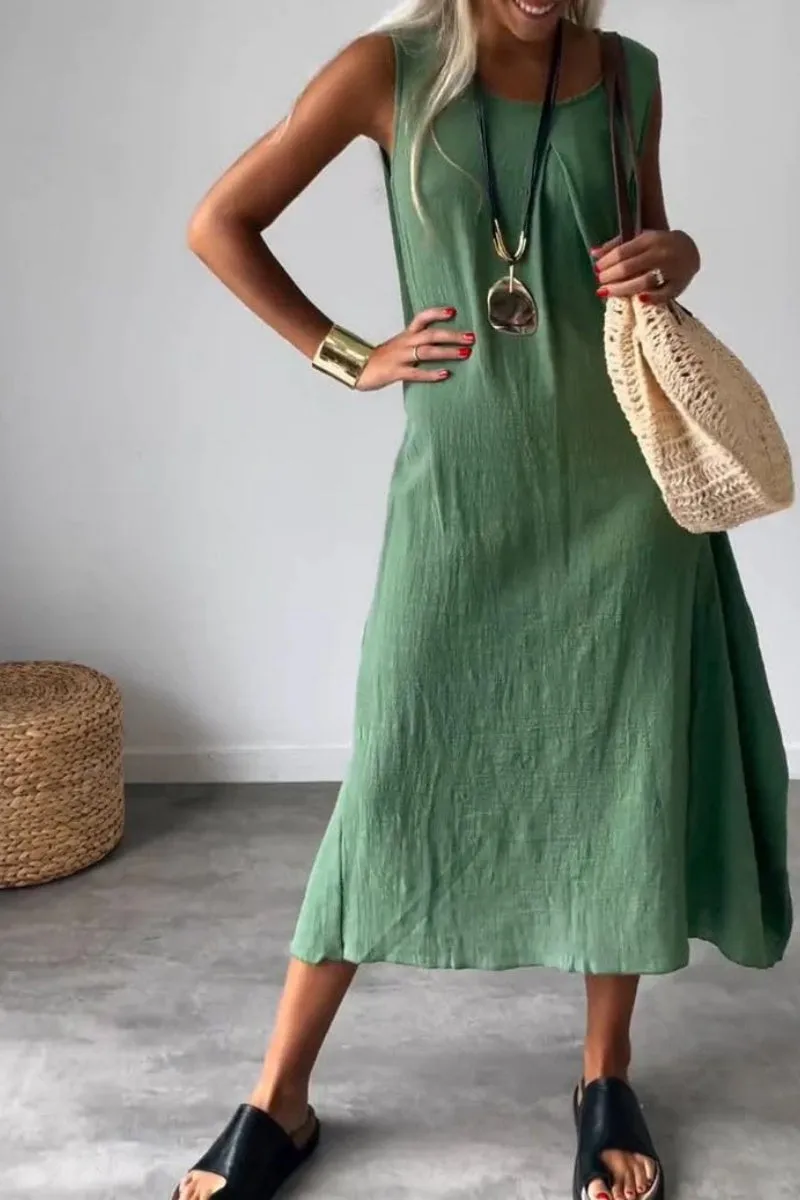 Chouyatou Women's Summer Sleeveless Linen Tank Dress Casual Loose A-Line Midi Long Beach Dress