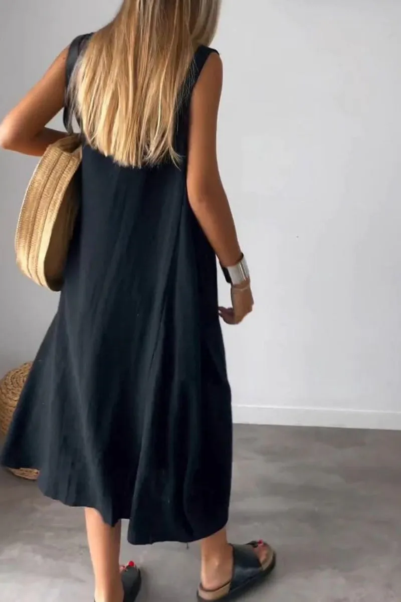 Chouyatou Women's Summer Sleeveless Linen Tank Dress Casual Loose A-Line Midi Long Beach Dress