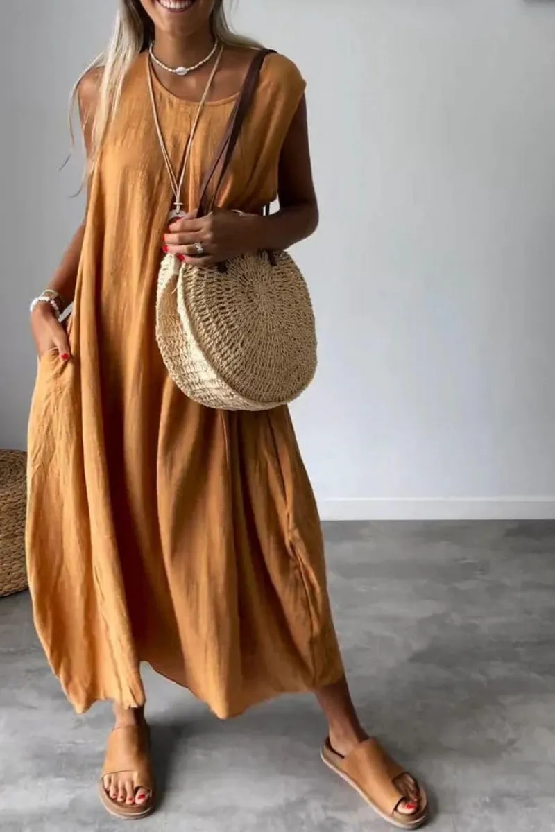 Chouyatou Women's Summer Sleeveless Linen Tank Dress Casual Loose A-Line Midi Long Beach Dress