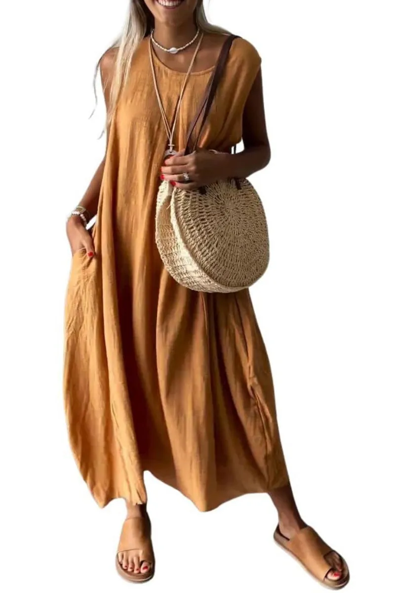 Chouyatou Women's Summer Sleeveless Linen Tank Dress Casual Loose A-Line Midi Long Beach Dress