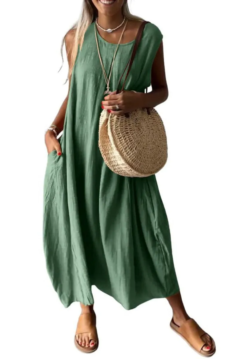 Chouyatou Women's Summer Sleeveless Linen Tank Dress Casual Loose A-Line Midi Long Beach Dress