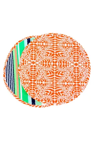 fern orange reversible bold striped navy blue printed round quilted cloth placemats