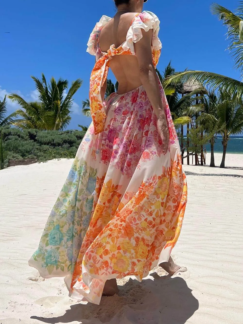 Floral Frill Cutout Charming Back Tie-Up Maxi Dress