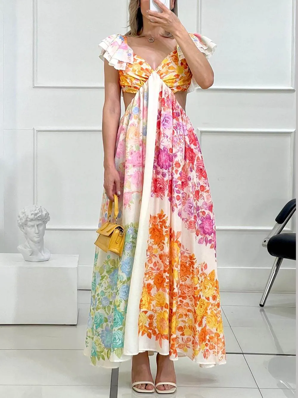 Floral Frill Cutout Charming Back Tie-Up Maxi Dress