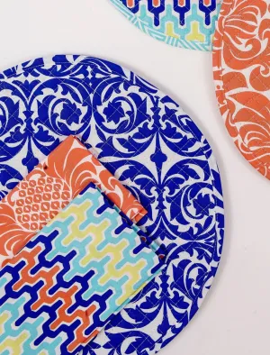 garden gate santorini blue reversible arabesqu aqua blue printed round quilted cloth placemats