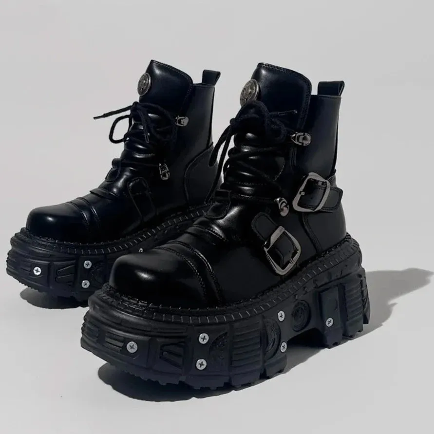 Genuine Leather Motorcycle Boots Platform Women Short Microfiber Punk Shoes