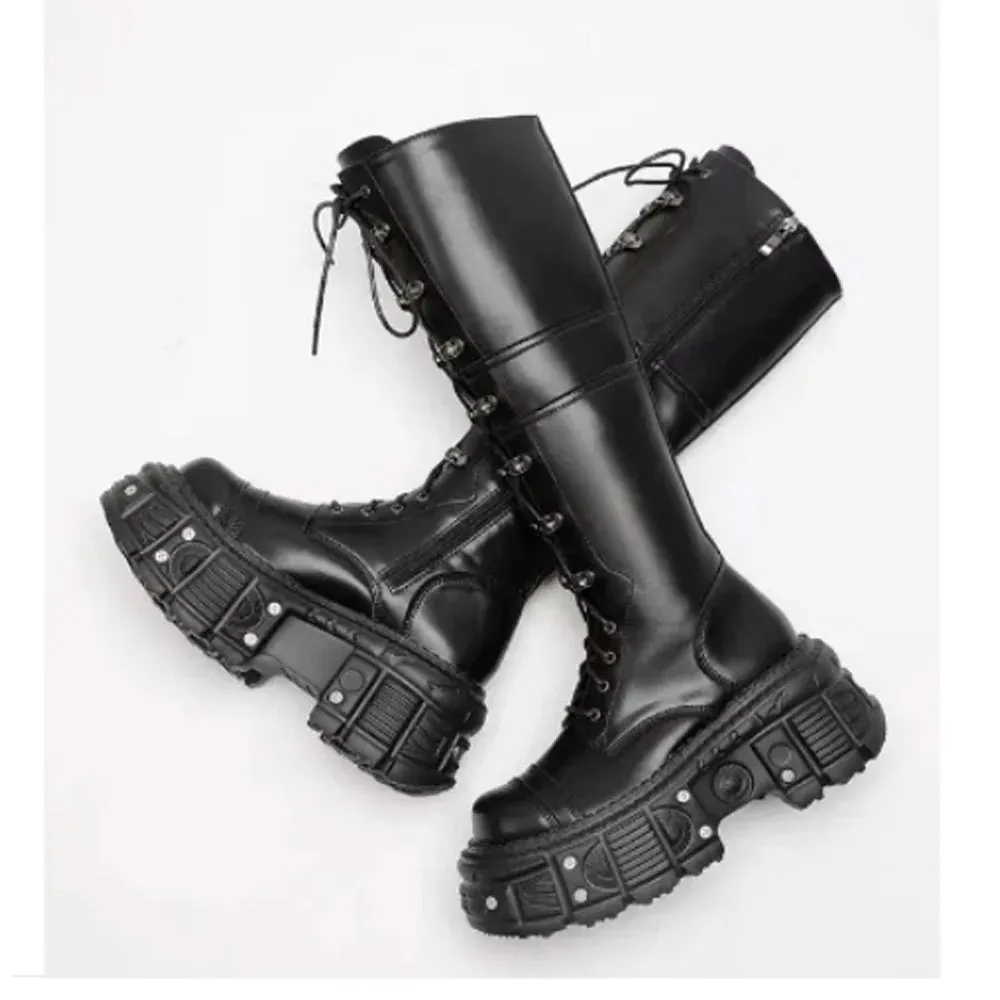 Genuine Leather Motorcycle Boots Platform Women Short Microfiber Punk Shoes