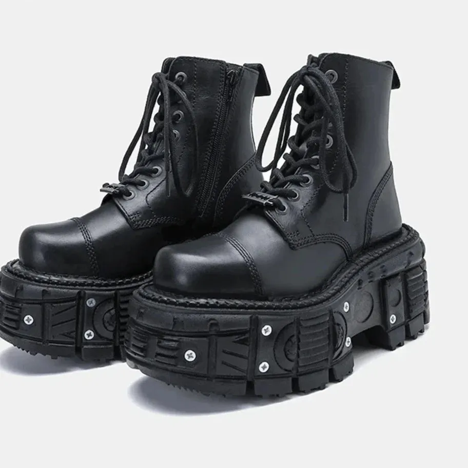 Genuine Leather Motorcycle Boots Platform Women Short Microfiber Punk Shoes