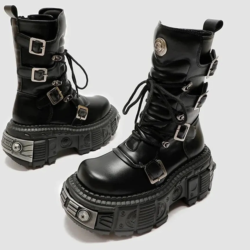 Genuine Leather Motorcycle Boots Platform Women Short Microfiber Punk Shoes