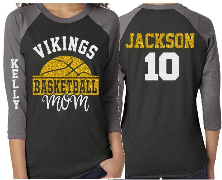 Glitter Basketball Mom Shirt | Basketball Bling | Basketball Spirit Wear | Customize Team & Colors | 3/4 Sleeve Raglan