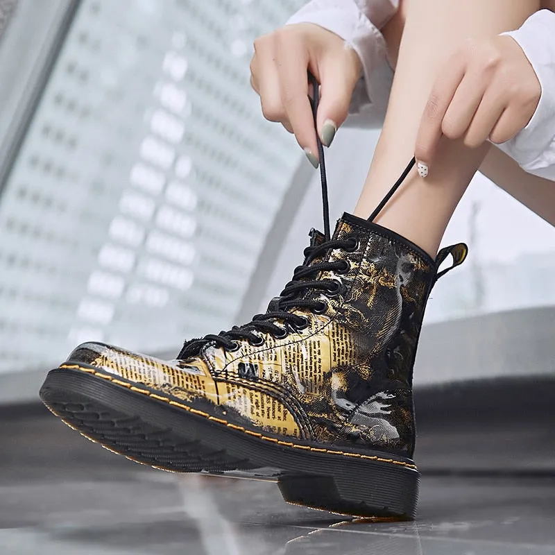 Gold British Genuine Leather Women Boots  Martins Boots Female Autumn Winter Shoes Woman Low Heel Motorcycle Boots