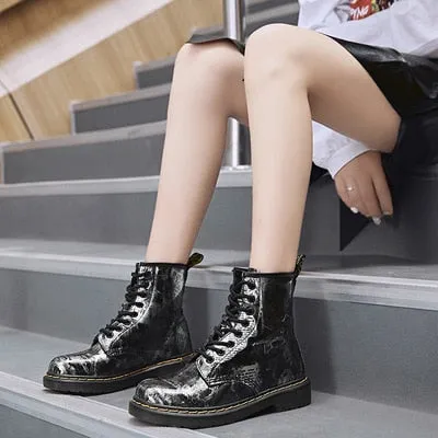 Gold British Genuine Leather Women Boots  Martins Boots Female Autumn Winter Shoes Woman Low Heel Motorcycle Boots