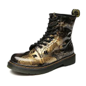 Gold British Genuine Leather Women Boots  Martins Boots Female Autumn Winter Shoes Woman Low Heel Motorcycle Boots