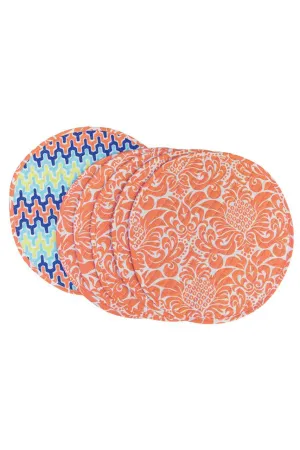 gracious persimmon peach reversible arabesque aqua blue printed round quilted cloth placemats