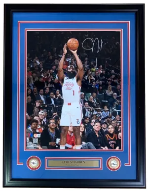 James Harden Signed Framed 16x20 Philadelphia 76ers White Jersey Photo BAS ITP