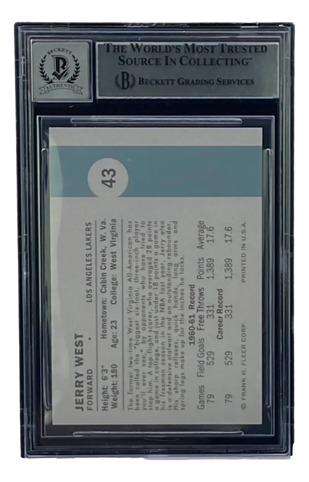 Jerry West Signed LA Lakers Reprint 1961 Fleer Rookie Card #43 BAS Grade 10