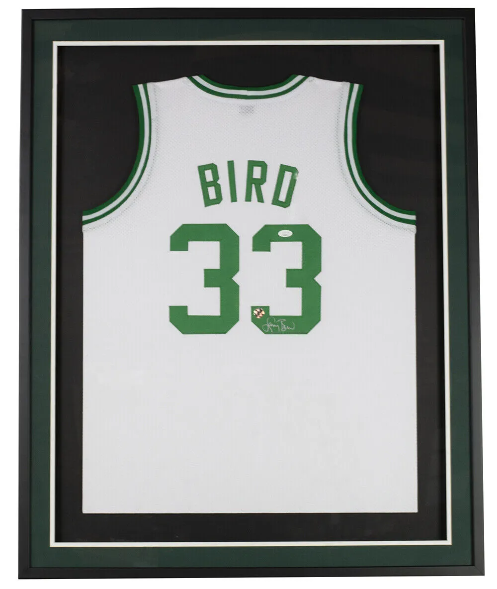 Larry Bird Signed Framed Custom White Pro Style Basketball Jersey JSA