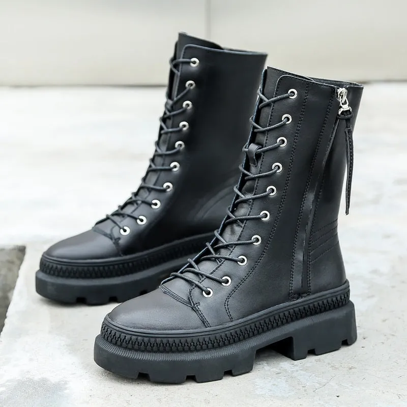 Leather Women's Platform Winter Boots  Fashion Style Women Chunky Martin Boot Ladies Shoes Zipper Female footwear
