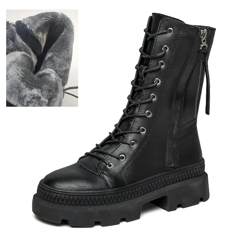 Leather Women's Platform Winter Boots  Fashion Style Women Chunky Martin Boot Ladies Shoes Zipper Female footwear