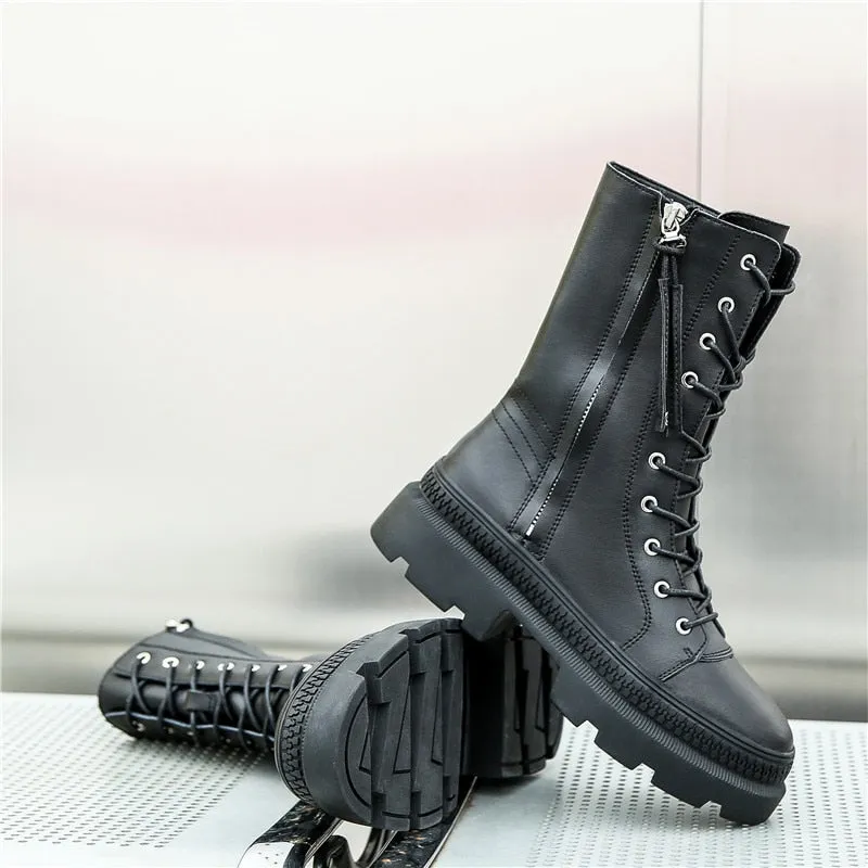 Leather Women's Platform Winter Boots  Fashion Style Women Chunky Martin Boot Ladies Shoes Zipper Female footwear