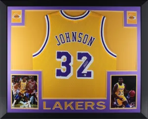 Magic Johnson Autographed Pro Style Gold Signed Basketball Framed Jersey Beckett