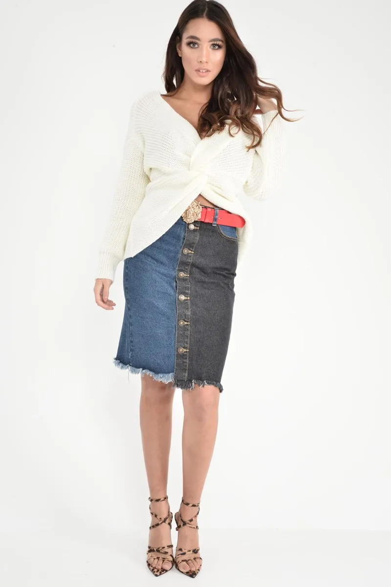 Mid Wash Charcoal Colour Block Frayed Skirt - Lidia