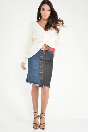 Mid Wash Charcoal Colour Block Frayed Skirt - Lidia