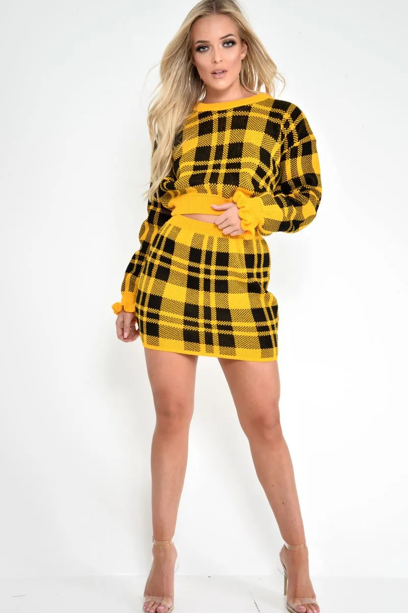 Mustard Check Frill Cuff Knit Jumper - Lanelle