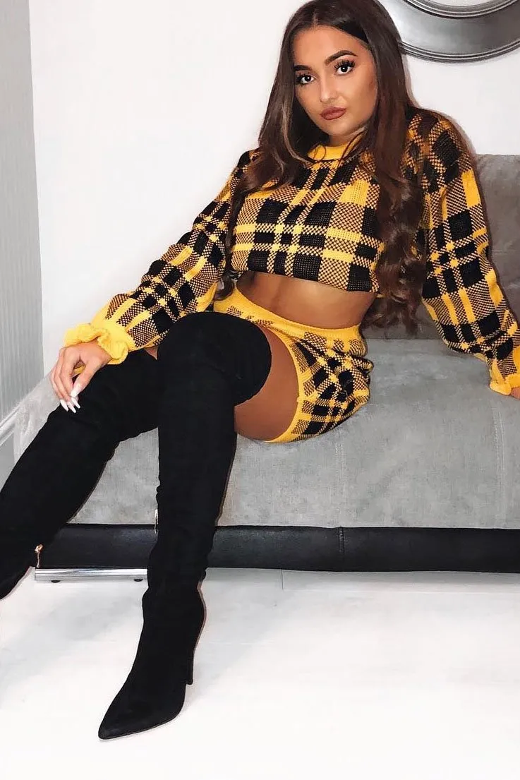 Mustard Check Frill Cuff Knit Jumper - Lanelle