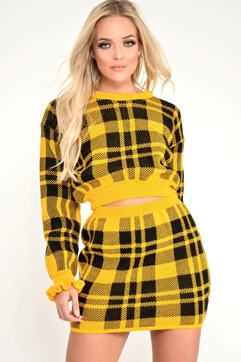 Mustard Check Frill Cuff Knit Jumper - Lanelle