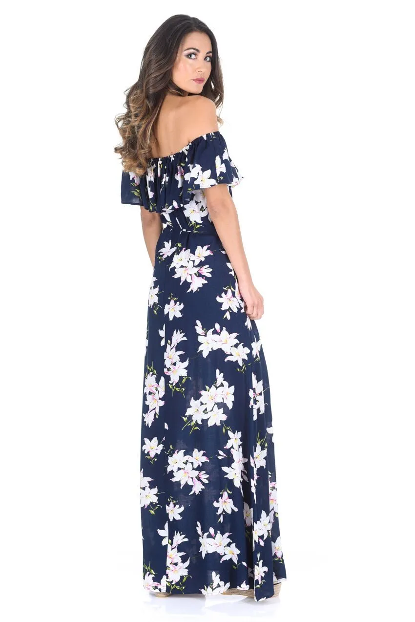 Navy Floral Bardot Printed Maxi Dress