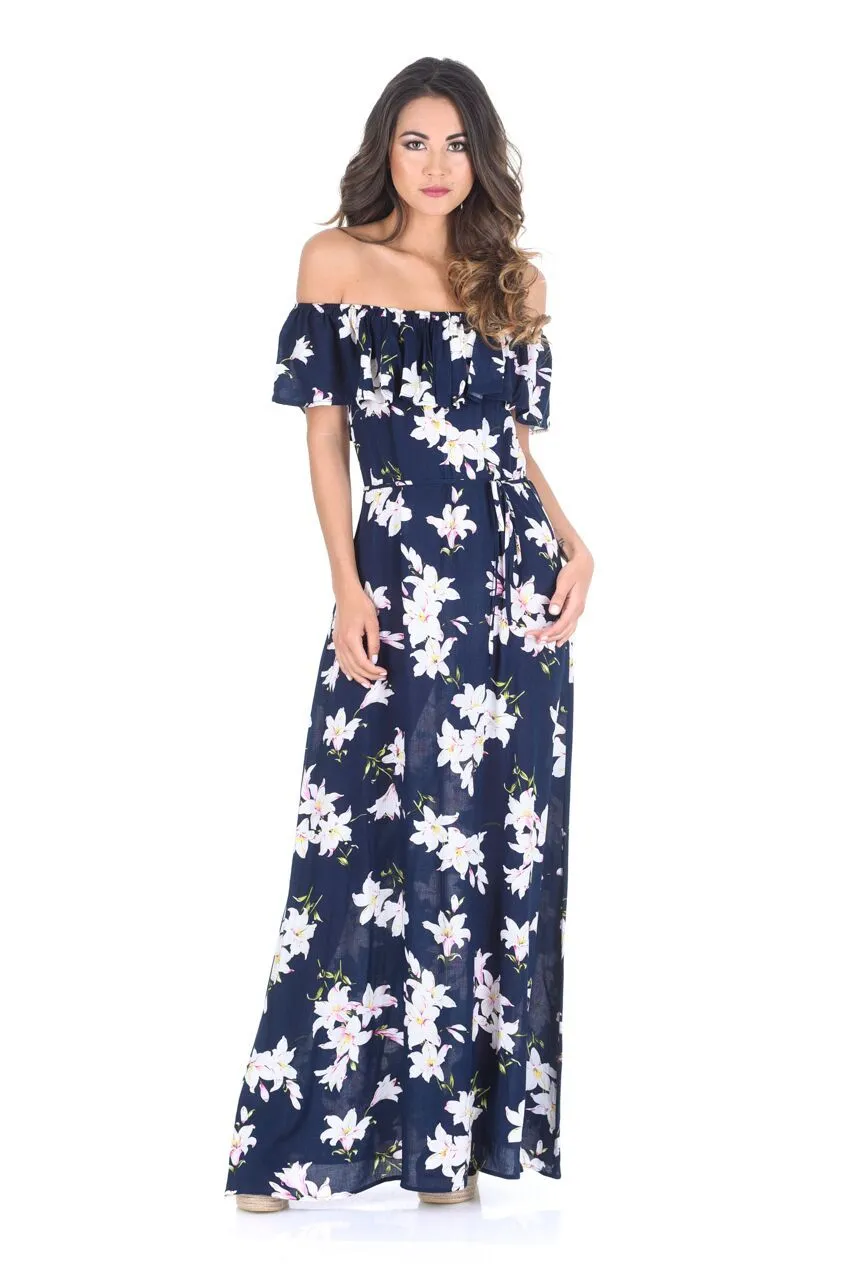 Navy Floral Bardot Printed Maxi Dress
