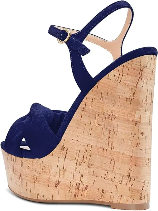 NEW Aachcol Women Cork Wedge Sandals Platform High Heel Peep Open Toe Ankle Strap Slingback Clear Dress Shoes Classic Cute, Sz 7 , Navy Blue Suede, Retails $87 