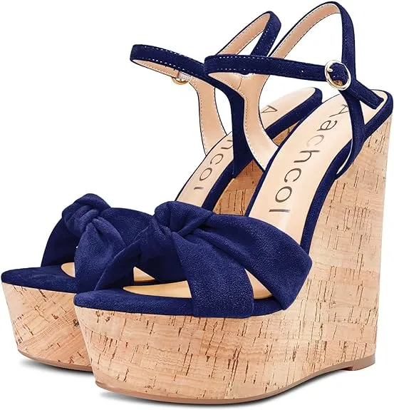 NEW Aachcol Women Cork Wedge Sandals Platform High Heel Peep Open Toe Ankle Strap Slingback Clear Dress Shoes Classic Cute, Sz 7 , Navy Blue Suede, Retails $87 
