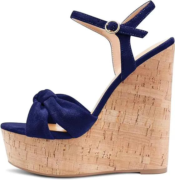 NEW Aachcol Women Cork Wedge Sandals Platform High Heel Peep Open Toe Ankle Strap Slingback Clear Dress Shoes Classic Cute, Sz 7 , Navy Blue Suede, Retails $87 