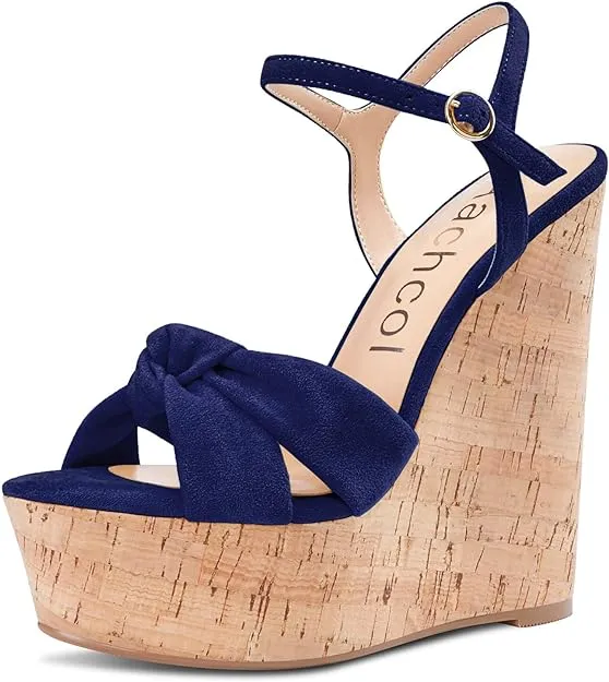 NEW Aachcol Women Cork Wedge Sandals Platform High Heel Peep Open Toe Ankle Strap Slingback Clear Dress Shoes Classic Cute, Sz 7 , Navy Blue Suede, Retails $87 