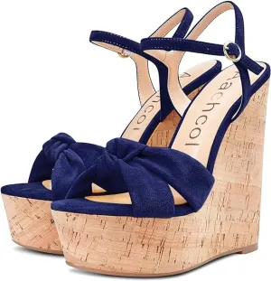 NEW Aachcol Women Cork Wedge Sandals Platform High Heel Peep Open Toe Ankle Strap Slingback Clear Dress Shoes Classic Cute, Sz 7 , Navy Blue Suede, Retails $87 