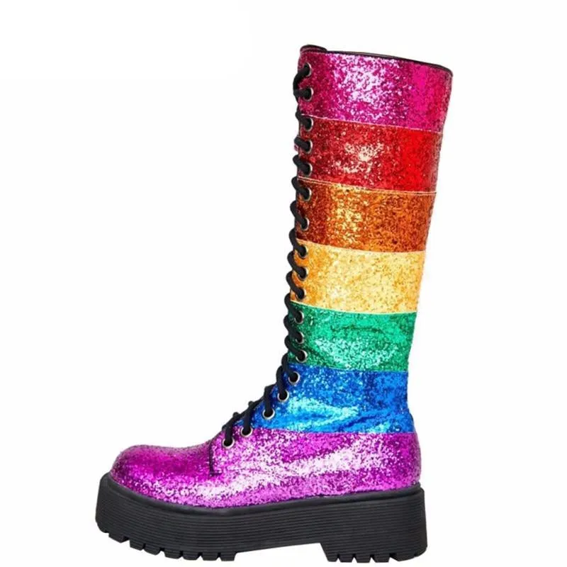 New Rainbow Color Platform Women Shoes Woman Thick Sole Cross-Tied Mid-Calf Boots Autumn Bling Bling Sequin Botas Mujer