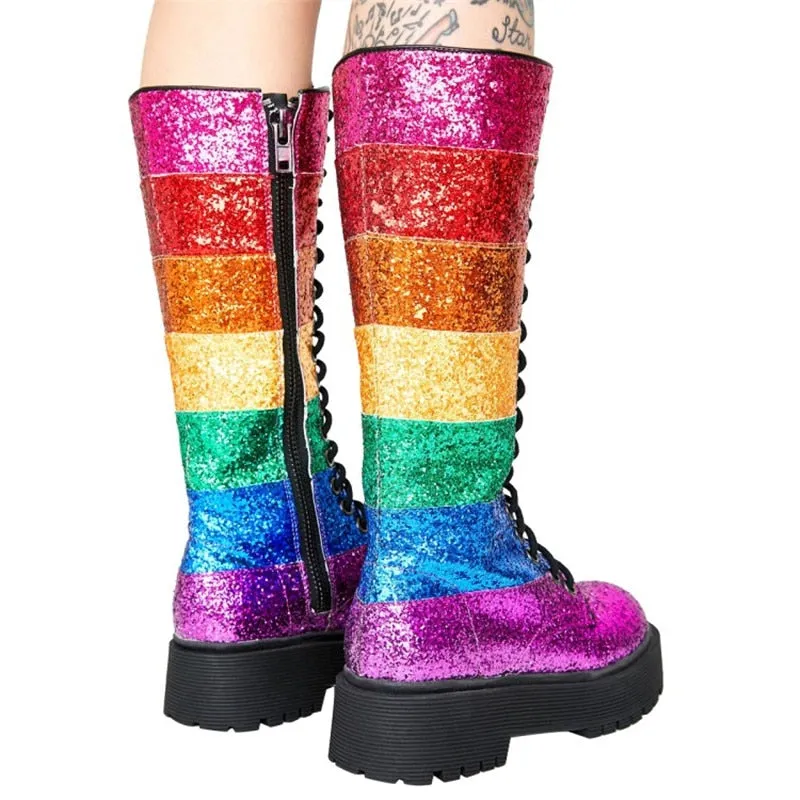 New Rainbow Color Platform Women Shoes Woman Thick Sole Cross-Tied Mid-Calf Boots Autumn Bling Bling Sequin Botas Mujer