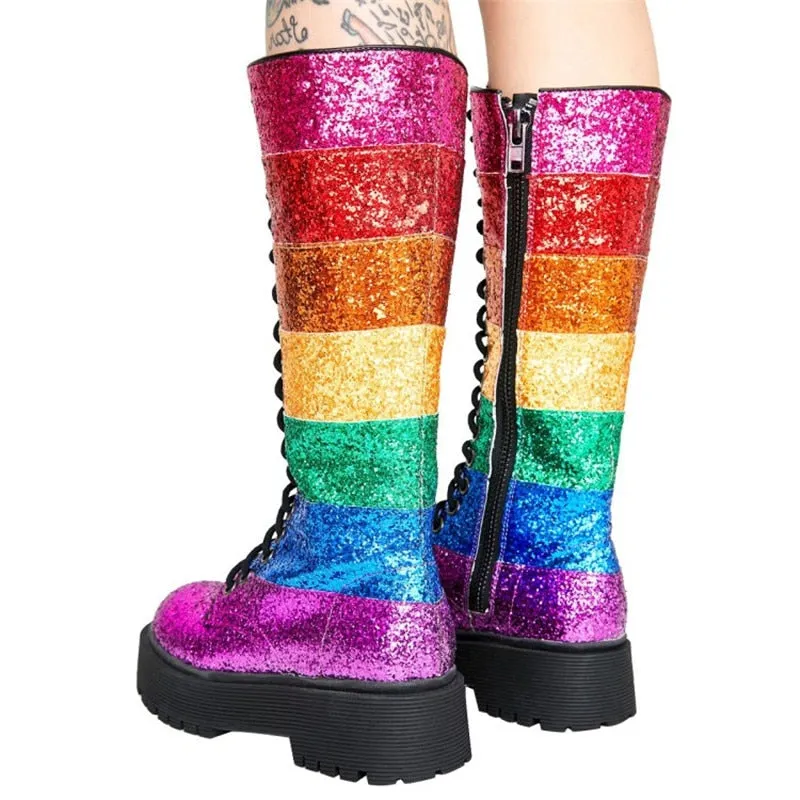 New Rainbow Color Platform Women Shoes Woman Thick Sole Cross-Tied Mid-Calf Boots Autumn Bling Bling Sequin Botas Mujer