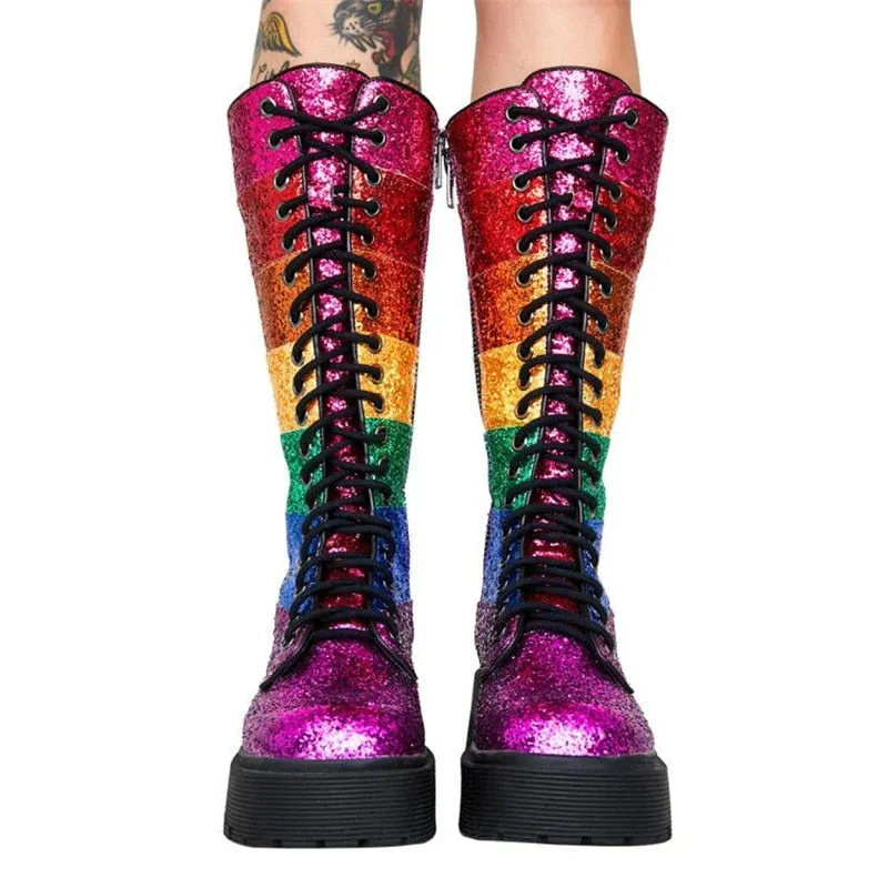 New Rainbow Color Platform Women Shoes Woman Thick Sole Cross-Tied Mid-Calf Boots Autumn Bling Bling Sequin Botas Mujer