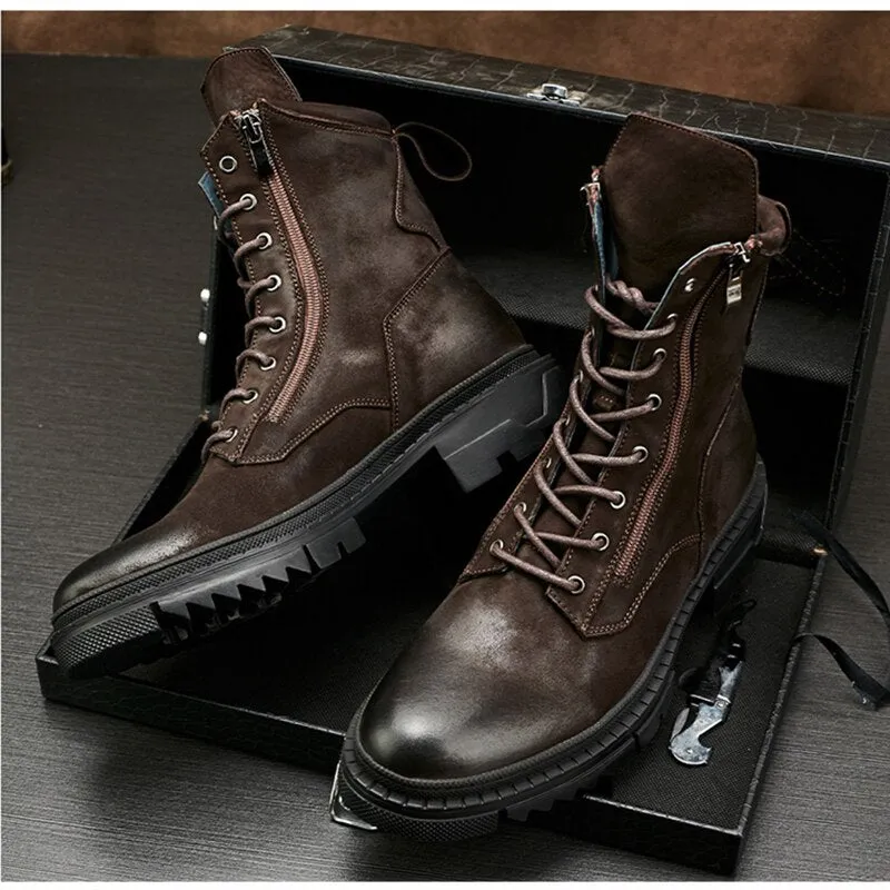 Nice Boots Men Retro Genuine Leather Motorcycle Mid-calf Boots Cool Man Work Safety Fashion Winter Shoes US Size 10