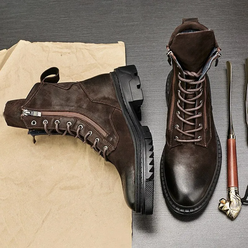 Nice Boots Men Retro Genuine Leather Motorcycle Mid-calf Boots Cool Man Work Safety Fashion Winter Shoes US Size 10
