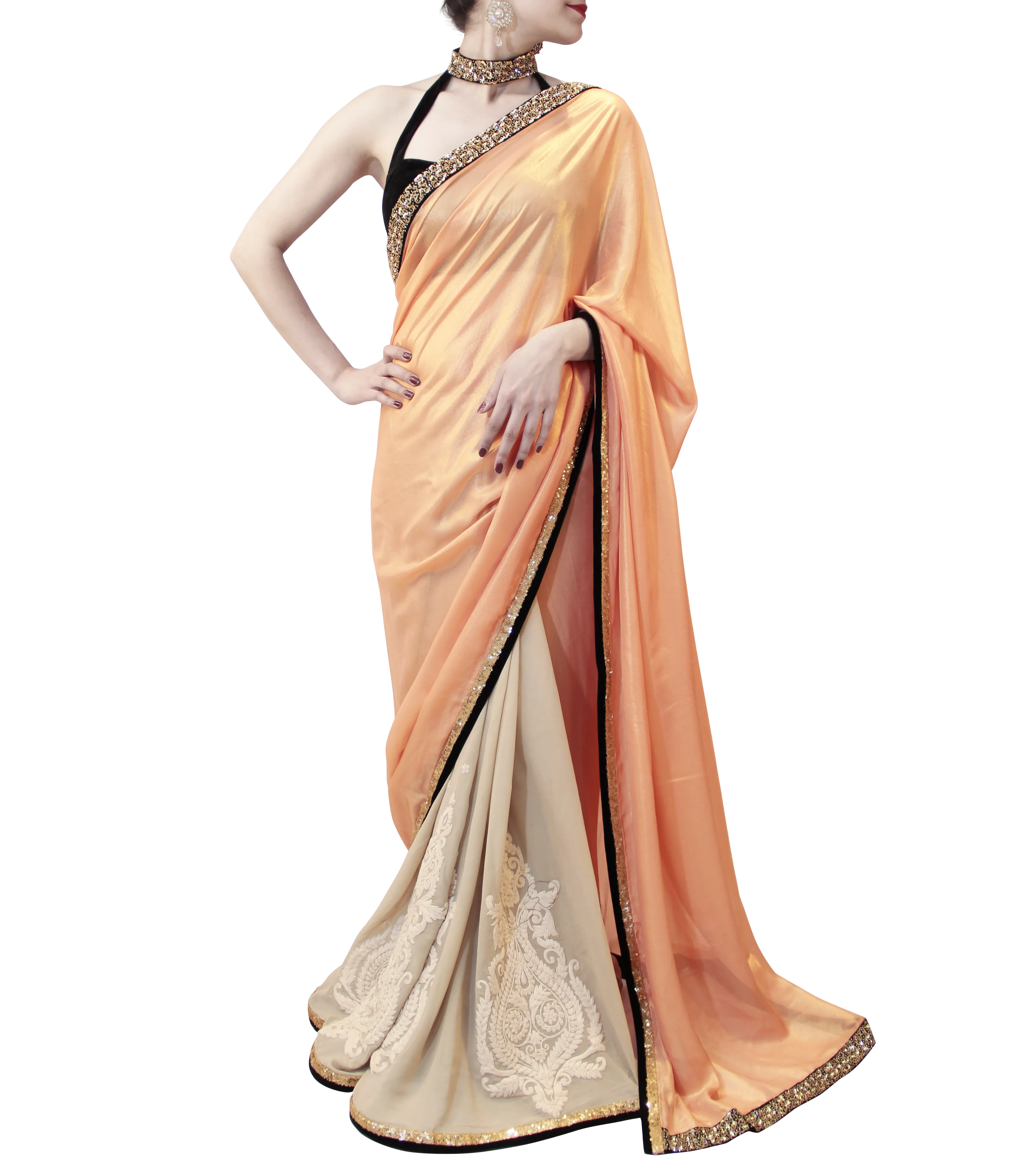 PEACH AND BLACK SAREE