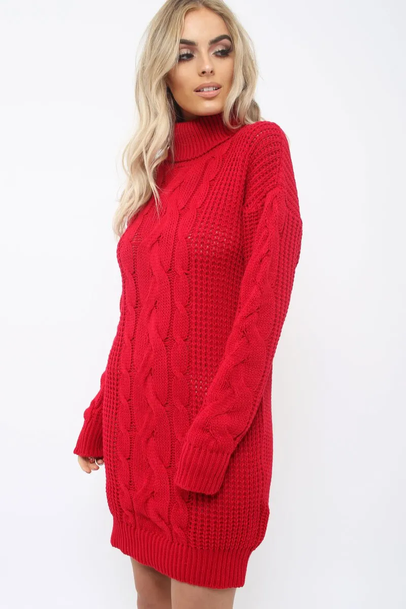 Red Roll Neck Cable Knit Jumper Dress - Dawn