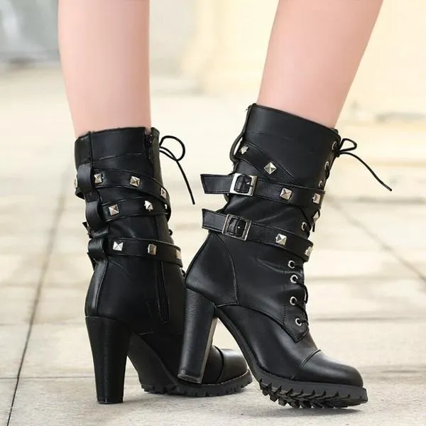 Rivet motorcycle boots oversize high heel ankle boots