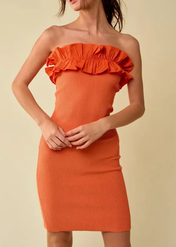 Ruffle Trim Ribbed Tube Dress