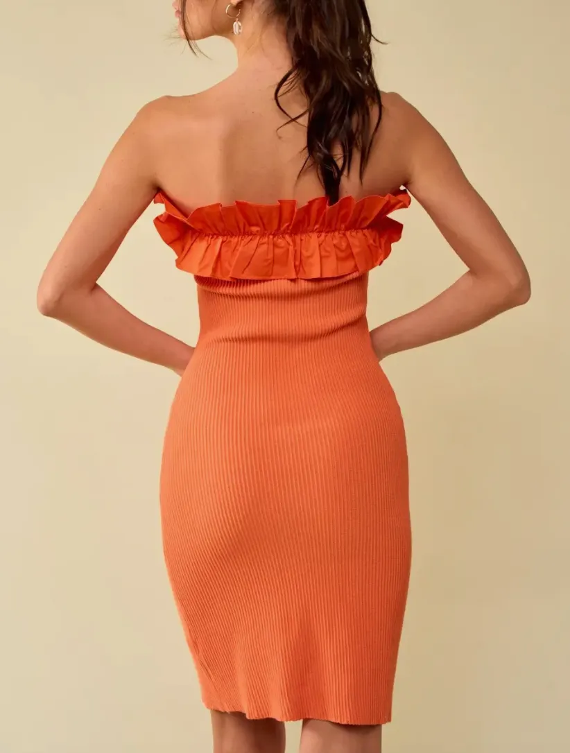 Ruffle Trim Ribbed Tube Dress