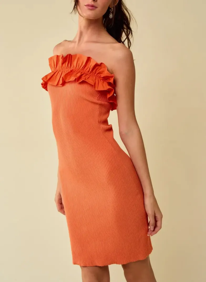 Ruffle Trim Ribbed Tube Dress