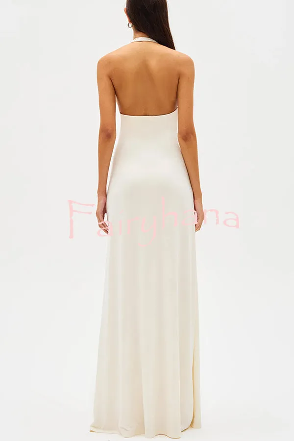 Sexy Silhouette Deep U-neck Halter Waterfall Sash Drape Maxi Dress